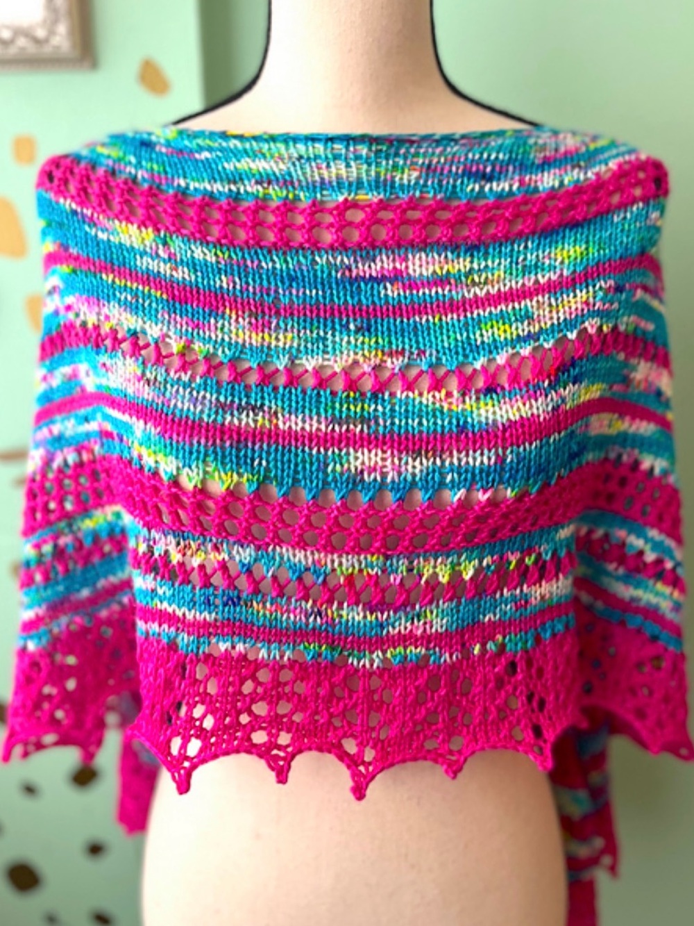 Bespoke Vibrant Multicolor Blue & Fuchsia Hand Knit Luxury Merino Shawl